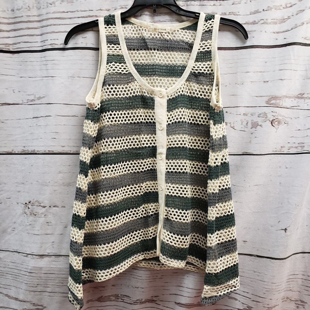Blue Bird Womens M Tank Top Mesh Green Beige Woven 90% Cotton A Line Button Up